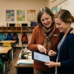 An experienced teacher and a younger colleague reviewing a digital lesson plan on a tablet together in a sunny, quiet elementary school classroom.