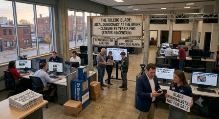 Wide-angle photo of a modern, quiet newspaper newsroom with empty desks and journalists working under low lighting, with a printed edition of The Toledo Blade resting on a desk in the foreground.